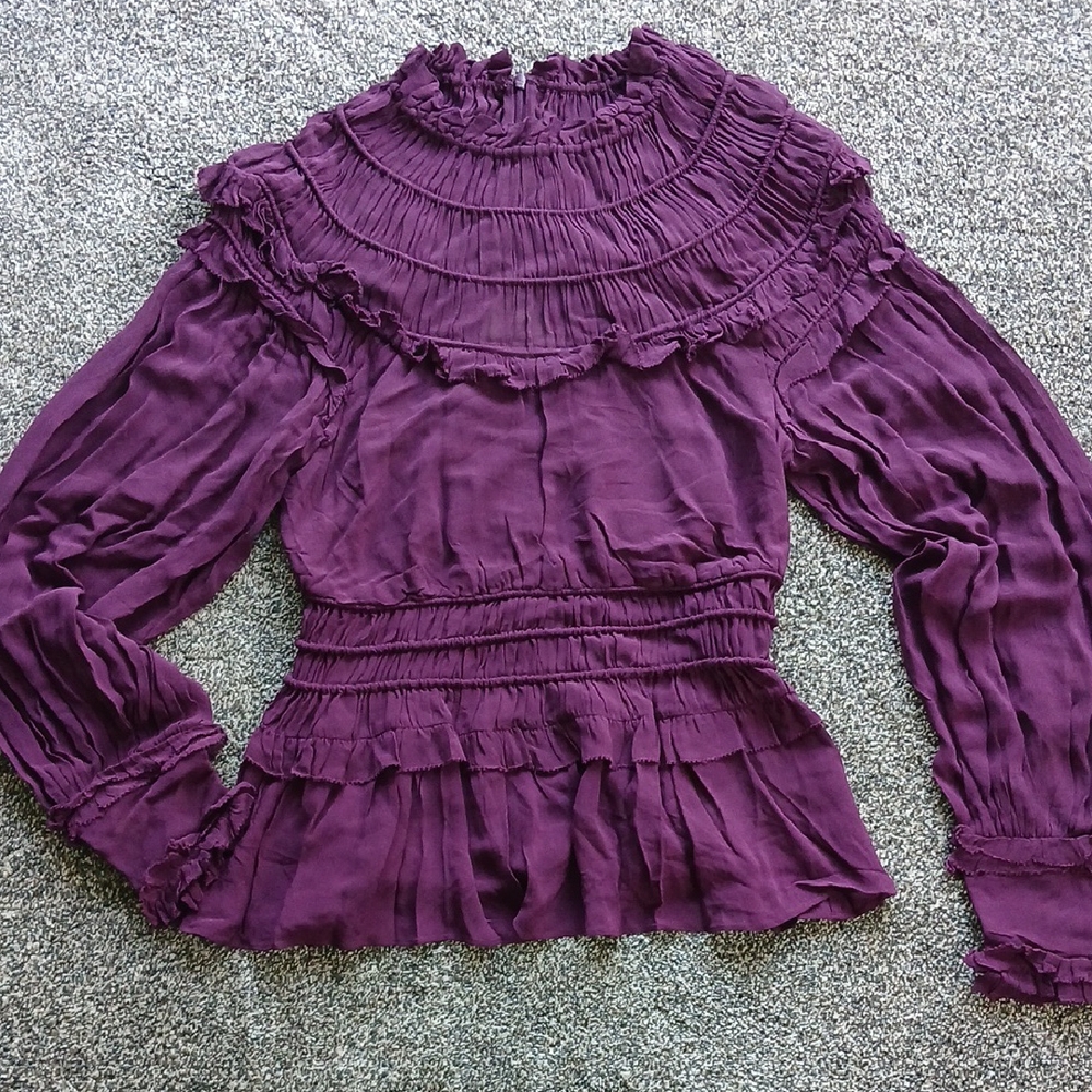 FARM Rio Purple Blouse with Puff Sleeves and Ruffled Bib Collar